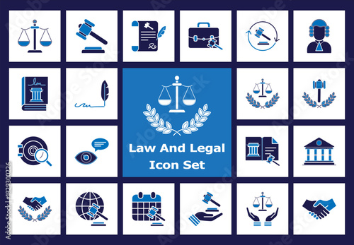 Law and Legal Justice Flat Color Icon Set. Scales, Gavel, Document, Attorney, Court, and Regulation Symbols for Legal Services.