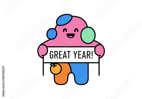 Cheerful cartoon character holding a sign with the words Great Year a colorful and happy design.