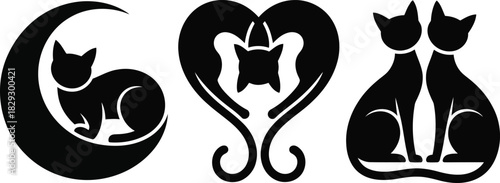 Charming black cat silhouettes include a crescent moon, a stylized heart, and two playful felines sitting together
