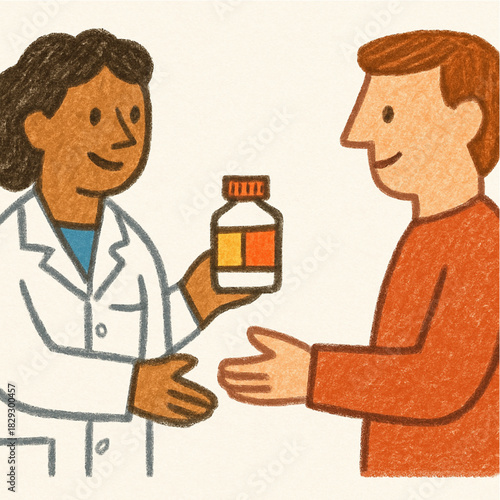 Female Doctor Giving Medicine Bottle to Patient