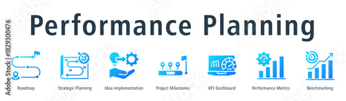 Performance Planning web banner icon vector illustration concept with icon of roadmap, idea implementation, project milestones, KPI dashboard, performance metrics, benchmarking, and planning.