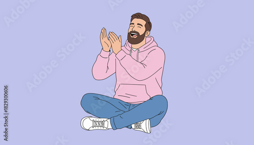Casual Man Happily Clapping Hands, Joyful Celebration and Applause Icon, Enthusiastic Man in Hoodie