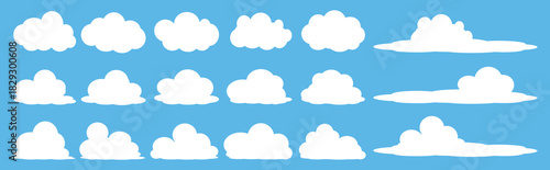 set of vector illustrations of clumpy clouds, cloud bubbles in flat style on a blue background	