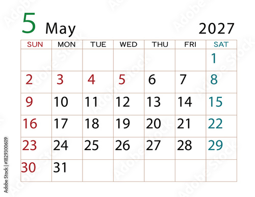 2027年カレンダー　5月	