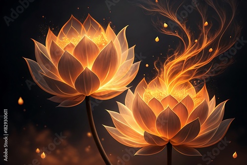 lotus flowers with fiery glow and ethereal sparks on a dark background