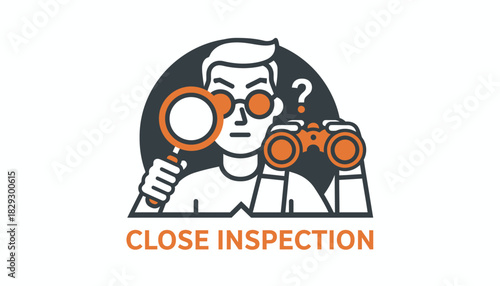 Close Inspection Investigative Icon, Man with Magnifier and Binoculars, Serious Research Concept