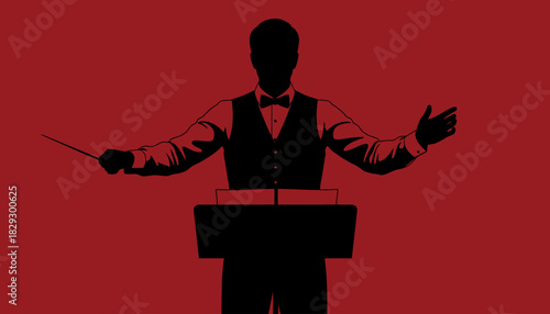 Conductor Silhouette with Music Stand, Maestro Arms Wide Directing, Classical Music Control