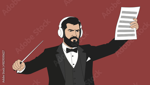Conductor with Headphones and Sheet Music, Modern Maestro with Focused Gaze, Technological Music Direction