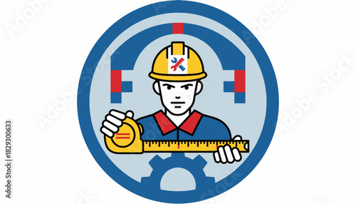 Construction Worker Holding Tape Measure, Engineer or Foreman Icon, Mechanical Measurement and Building