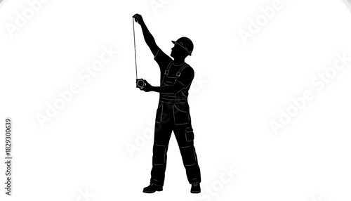 Construction Worker Measuring Tape Silhouette, Tradesman with Hard Hat Full Body, Handyman Measurement Vector