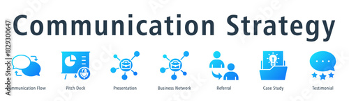 Communication strategy web banner icon vector illustration concept with icon of communication flow, pitch deck, presentation, business network, referral, case study, and testimonial.