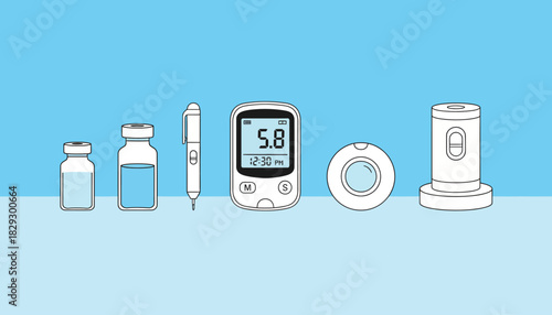 Diabetes Monitoring and Insulin Devices, Line Art of Blood Glucose Tools, Medical Equipment for Diabetic Care