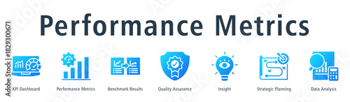 Performance metrics web banner icon vector illustration concept with icon of KPI dashboard, performance metrics, benchmark results, quality assurance, insight, strategic planning, and data analysis.