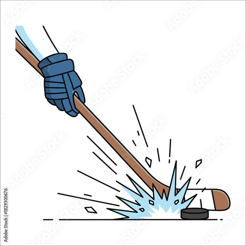 Hockey Player Hand Gripping Stick Hitting Puck on Ice hockey