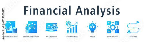 Financial analysis web banner icon vector illustration concept with icon of financial analysis, performance review, KPI dashboard, benchmarking, insight, SWOT analysis, and roadmap.