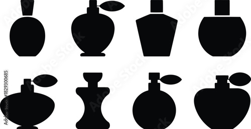 Collection of diverse black silhouette perfume and fragrance bottles on a white background