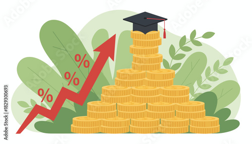Educational Savings and Investment Growth, Graduation Cap on Coin Stacks, Financial Planning for College Tuition