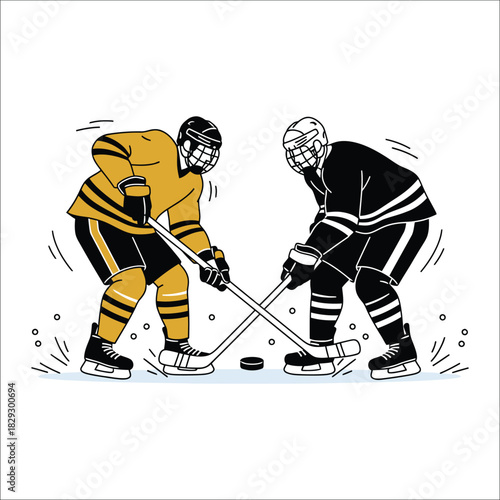 Two Hockey Players Facing Off on Ice with Sticks and Puck ice hockey competition