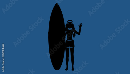 Female Surfer Silhouette Waving, Girl Holding Surfboard on Beach, Summer Water Sport Lifestyle