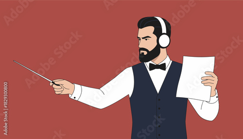 Modern Conductor with Headphones and Baton, Music Director with Technology, Serious Bearded Maestro in Vest