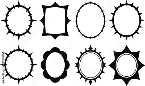 Collection of eight diverse black and white frames featuring various shapes and spiked designs