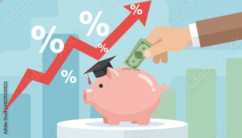 Piggy Bank with Graduation Cap and Money, Saving for Education and Tuition Fees, Financial Planning for College