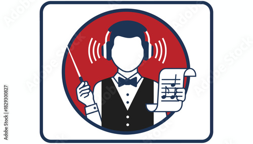 Audio Director Conductor with Headphones, Sound Engineer Music Icon, Orchestra Maestro Monitoring