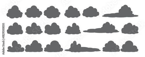 
a series of black clumpy cloud vector illustrations, dark cloud bubbles in flat style on a white background