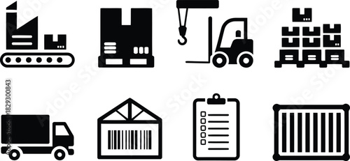 Collection of essential black silhouette icons representing various aspects of logistics, shipping, and warehousing operations