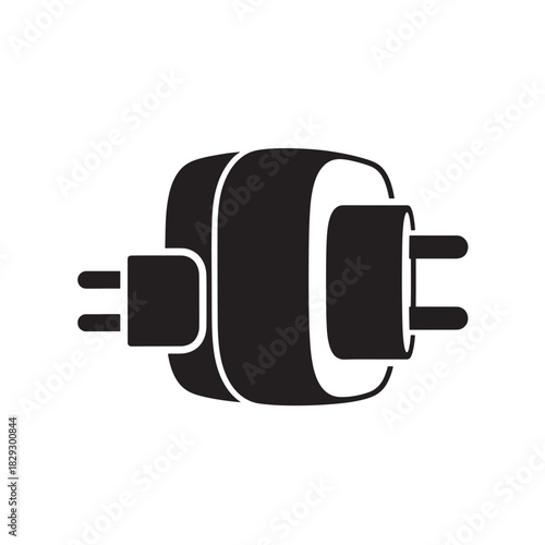 Black and white universal travel adapter flat vector icon for electronic devices isolated on white background