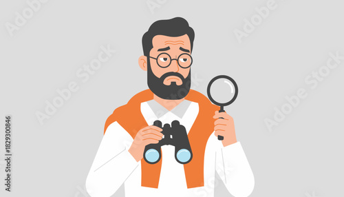 Searching and Investigation Professional, Serious Man with Binoculars and Magnifier, Diligent Research and Focus