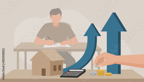 Real Estate Investment and Financial Growth, Man Calculating Mortgage and Home Price, Property Value Increase