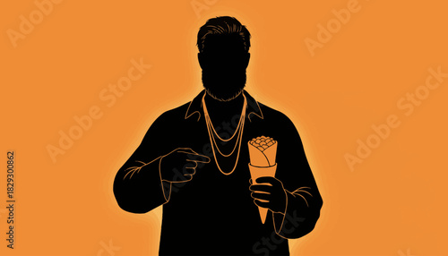 Silhouette Bearded Man Pointing at Wrap, Food Advertisement and Takeaway Icon, Street Food Vendor