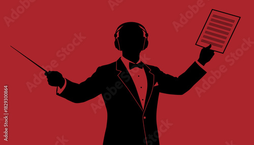 Silhouette Conductor with Headphones and Score, Formal Maestro Directing Focus, Audio Monitoring Performance