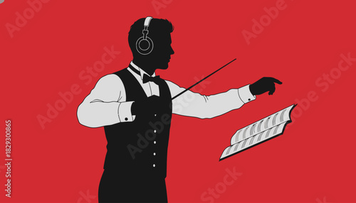 Silhouette Conductor Directing with Open Score, Maestro Pointing with Baton, Dynamic Music Director