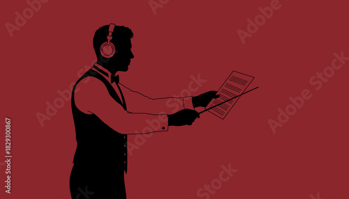 Silhouette Conductor with Headphones and Score, Orchestra Director Audio Monitoring, Side Profile Maestro