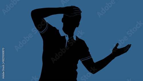 Silhouette Man Hand on Head Confused, Gesture of Shock or Presentation, Puzzled Male Figure Blue Background