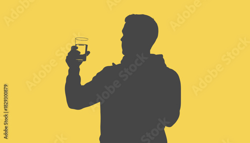 Silhouette Man Holding Glass of Water, Hydration and Thirst Relief Concept, Healthy Drink Yellow Background