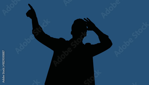 Silhouette Man Looking Up Pointing Sky, Direction and Discovery from Below, Young Man Seeking Vision