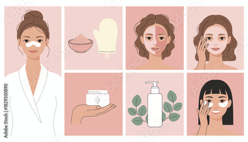 Skincare Routine and Beauty Treatments, Woman Applying Face Mask and Eye Patches, Self-Care and Cosmetology