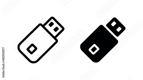 Angled USB flash drive icons outline and solid fill on white background