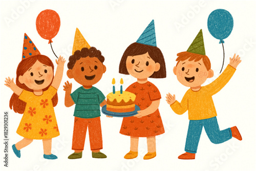 Diverse Children Celebrating Birthday with Cake and Balloons