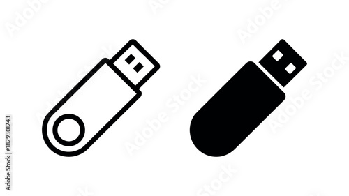 Outline and solid black icons of aUSB flash drive on white background