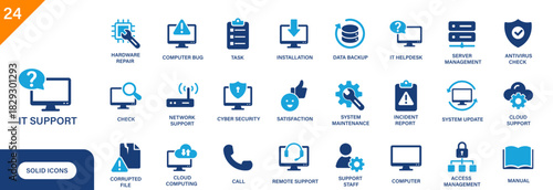 IT support icon. Includes computer bug, cloud support, corrupted file, installation, IT helpdesk. Solid vector icon set.