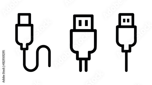 USB cable and connector icons outline on white background