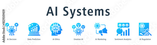 AI Systems web banner icon vector illustration concept with icon of ai decision, data prediction, ai ethics, emotion ai, ai marketing, sentiment analytics, and ai regulation.