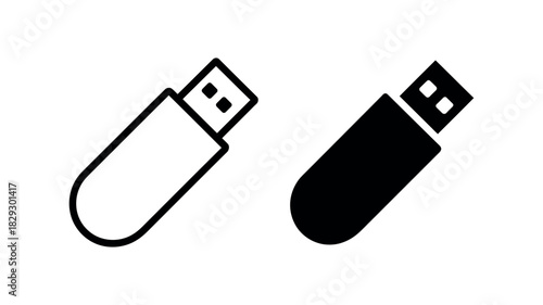 USB Flash Drive Icons Outline and Solid Fill on white background