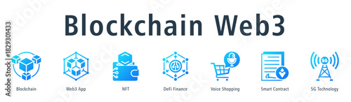 Blockchain Web3 web banner icon vector illustration concept with icon of blockchain, web3 app, nft, defi finance, voice shopping, smart contract, and 5g technology.