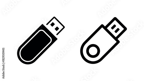 USB Flash Drive Icons Solid and Outline with Circle