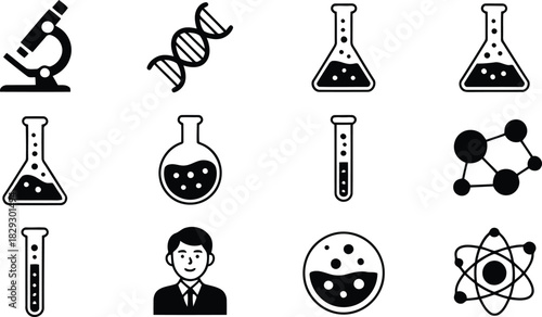 Comprehensive collection of various scientific laboratory tools and fundamental principles as simple icons